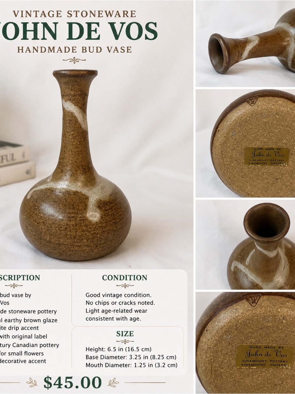 John de Vos Vintage Stoneware Bud Vase - Brown with Cream Drip